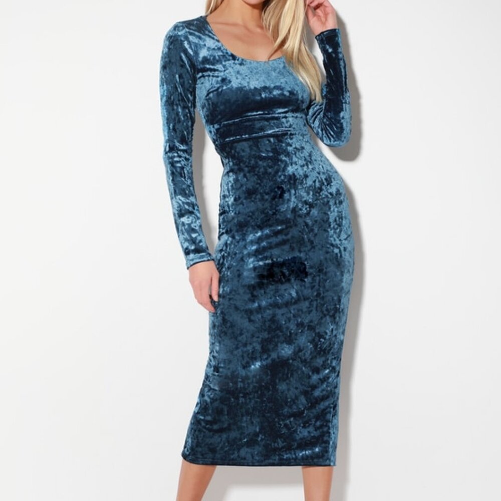 Lulus Cherish Me Denim Blue Velvet Long Sleeve Bodycon Midi Dress - Size M